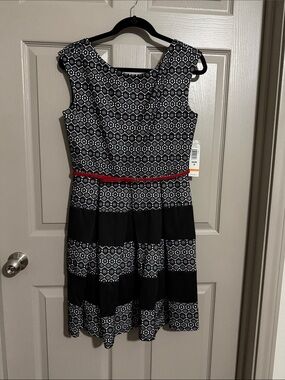 Tiana B. Black & White Printed Midi Dress with Red Belt